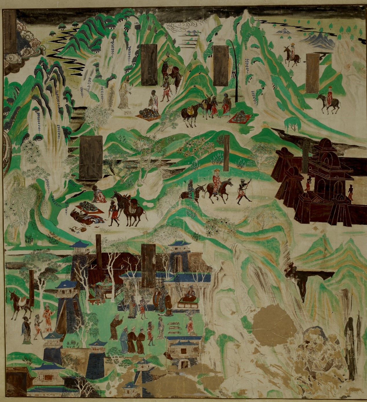 <h2>第217窟佛顶尊胜陀罗尼经变佛陀波利史迹画</h2><p>作者：常书鸿</p><p>创作年代：1955年</p><p>规格：171.5cm×158.5cm</p>